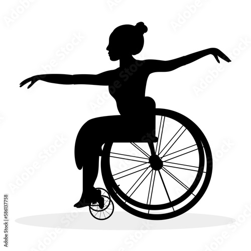 Silhouette of a girl on a wheelchair. Inclusive dance. International Dance Day. 
