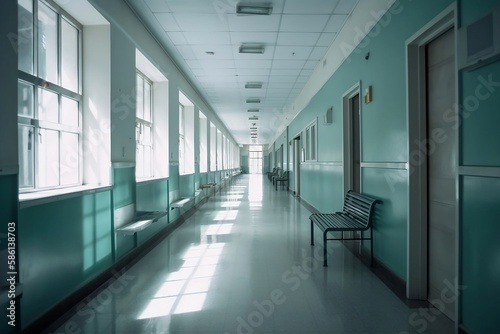 Blue Hospital Corridor: Nobody Background with Blur and Copy Space © Thares2020