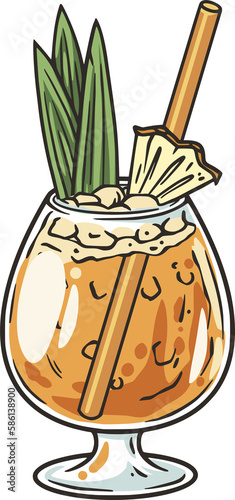 Mai Tai cocktail with slice of pineapple for design of bar menu. Hawaiian alcochol exotic cocktail with rum and leaf pineapple for beash party