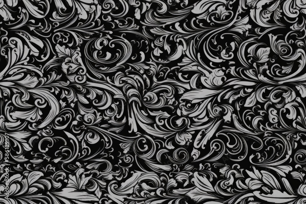 black and white floral pattern with swirling vines created with Generative AI technology black and white floral pattern with swirling vines created with Generative AI technology