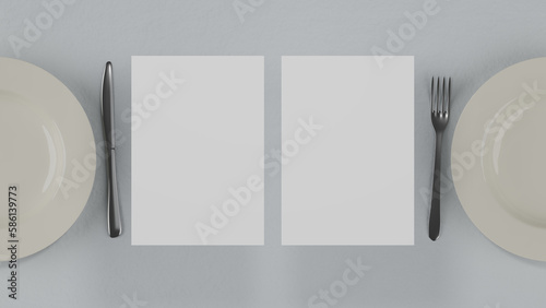 3d render of a menu mockup on a white background, next to plates and a fork, knife. Menu mockup in 3d, beautiful composition, top view for design presentation. For web design.