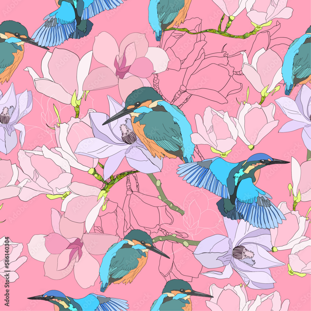Obraz premium Seamless pattern birds and flowers on a pale pink background