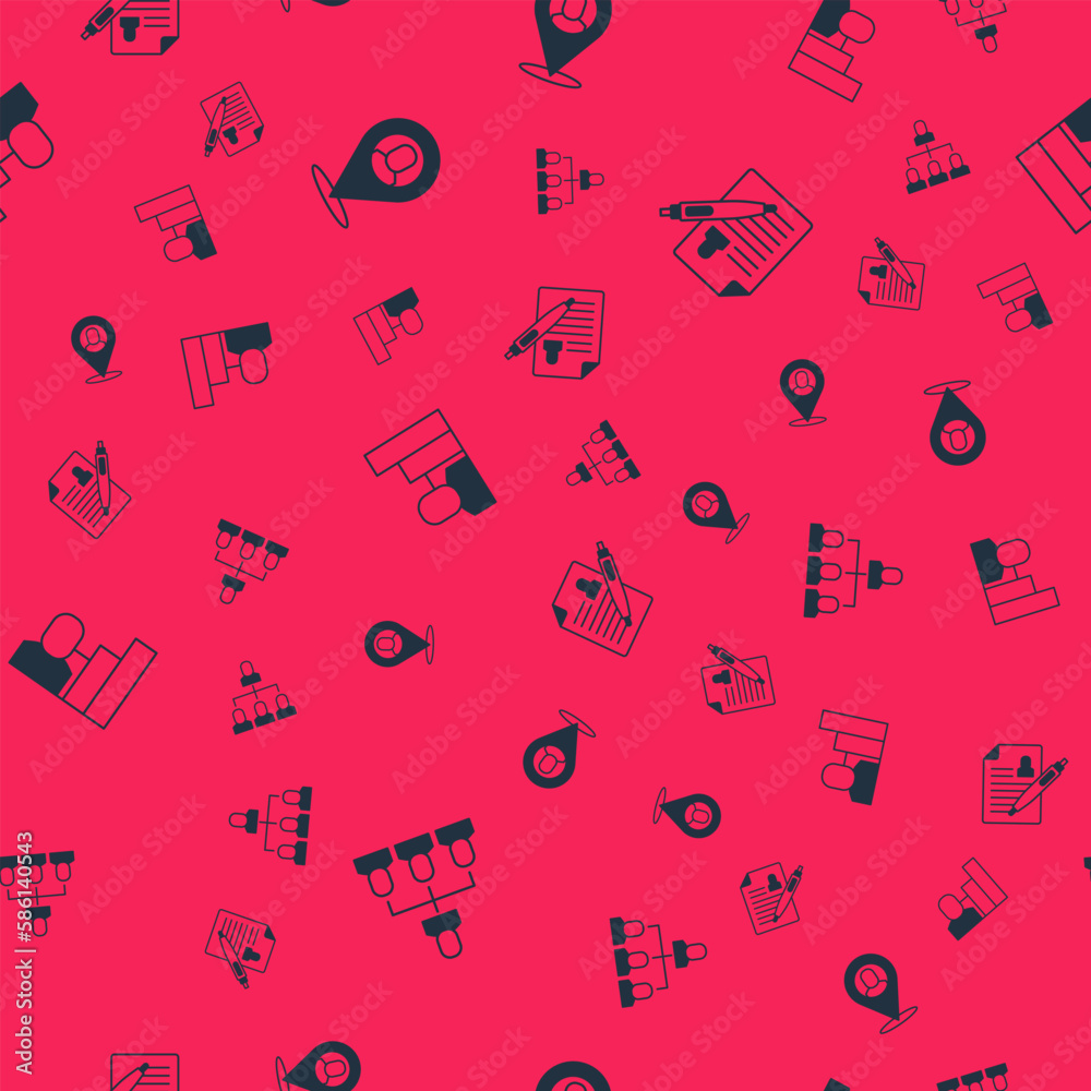 Set Employee hierarchy, Worker location, Productive human and Resume on seamless pattern. Vector