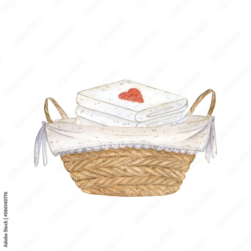 Watercolor illustration with a wicker basket and a stack of clean white towels. cleanliness, order, cleaning. isolated. Suitable for packaging, postcards, business cards, logos, textiles.