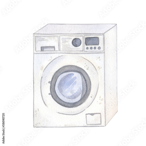Watercolor illustration of a washing machine, isolate on a white background. washing, cleanliness, order, cleaning. Suitable for packaging, postcards, business cards, logos and other things.