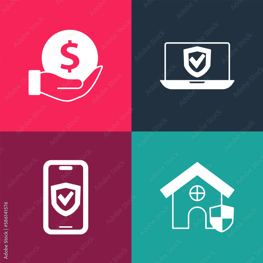 Set pop art House with shield, Insurance online, and Money icon. Vector Set pop art House with shield, Insurance online, and Money icon. Vector