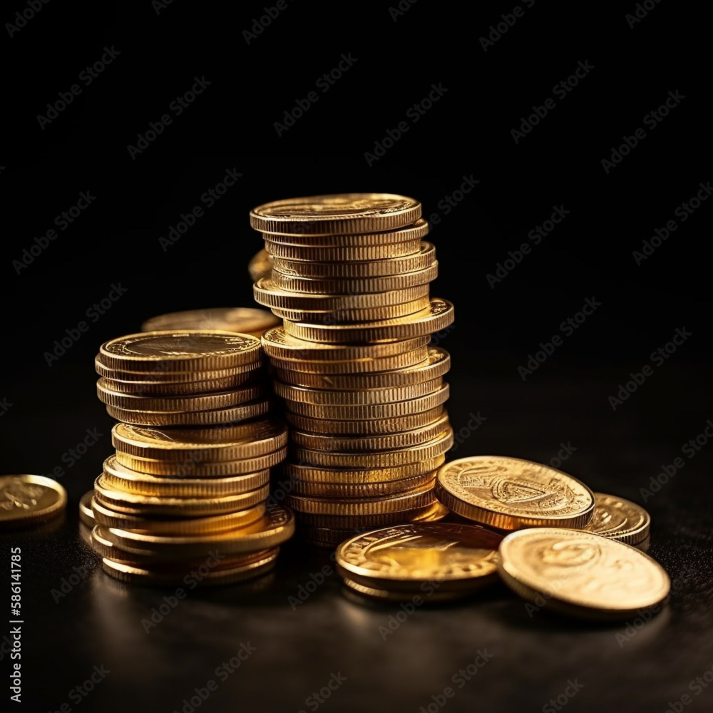 A pile of gold coins on a table with dark background