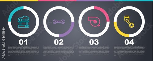 Set line Repair car on a lift, Wrench spanner, Automotive turbocharger and Engine piston. Business infographic template. Vector