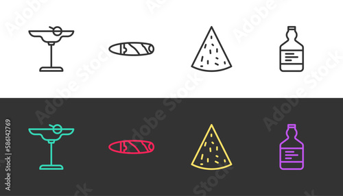 Set line Margarita cocktail, Cigar, Nachos and Tequila bottle on black and white. Vector