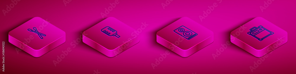 Set Isometric line Drum sticks, Microphone, Stereo speaker and Guitar amplifier icon. Vector Set Isometric line Drum sticks, Microphone, Stereo speaker and Guitar amplifier icon. Vector