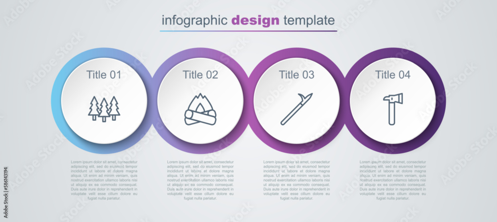 Set line Forest, Campfire, Metal pike pole and Firefighter axe. Business infographic template. Vector Set line Forest, Campfire, Metal pike pole and Firefighter axe. Business infographic template. Vector