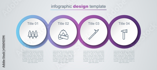 Set line Forest, Campfire, Metal pike pole and Firefighter axe. Business infographic template. Vector