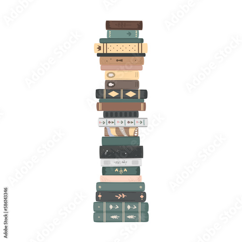 Extremely high pile of vintage books. Standing books composition isolated on white background. Home library. Vector illustration