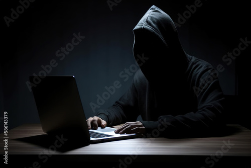 Hacker wearing black hoodie using laptop computer while working on dark background. Created with Generative AI Technology