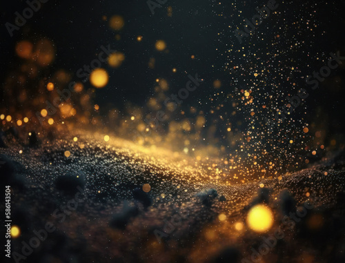 Dark blue and glow particle abstract background Blurry bokeh background with sparkles, particles and glitter created with Generative AI technology