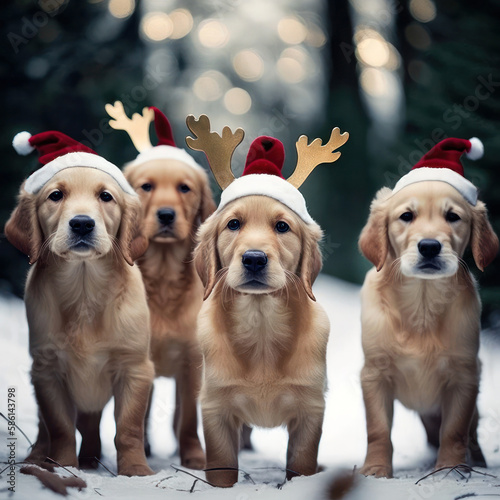 Cute dogs in Christmas hats on snowy ground, generative ai illustration. © exclusive-design