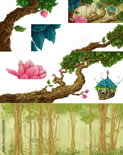 Illustration of a fairytale background, a forest with an elf house, pink flowers, Background for the animation of an elf forest. (ID: 586143908)