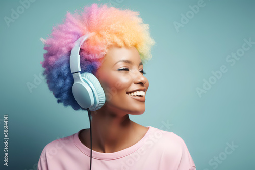 Carefree black woman with rainbow afro hair listens song in headphones. World music day concept. Generative AI illustration