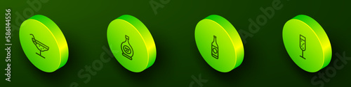 Set Isometric line Cocktail, Bottle of cognac or brandy, Beer bottle and Glass champagne icon. Vector