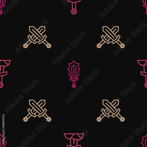 Set line Sword in the stone, Crossed medieval sword and Magic fire on seamless pattern. Vector