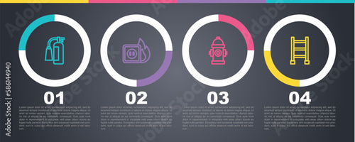 Set line Fire extinguisher, Electric wiring of socket fire, hydrant and escape. Business infographic template. Vector