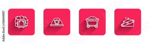 Set line Mine entrance, Miner helmet, coal trolley and Conveyor belt carrying with long shadow. Red square button. Vector