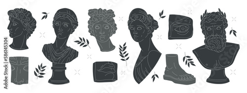 Antique greek sculptures set. Marble sculptures and statues. Classic ancient greek god and goddess heads and body parts. Flat vector illustration collection