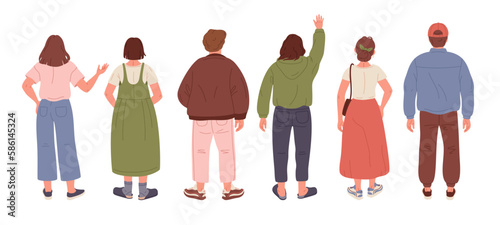 People back view. Male and female characters from behind, fashionable men and women back side position flat vector Illustration set. Human turned back
