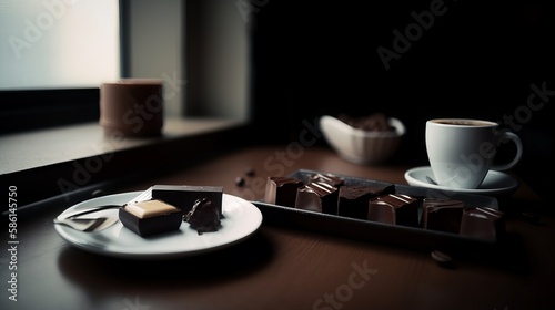 Photo Of Caffee And Chocolate  In A Distance  Minimalis - Generative AI
