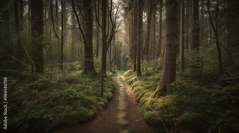 Foggy path through the forest ,Sunset in a dark forest with rays of light passing through the trees.Generative Ai Foggy path through the forest ,Sunset in a dark forest with rays of light passing through the trees.Generative Ai