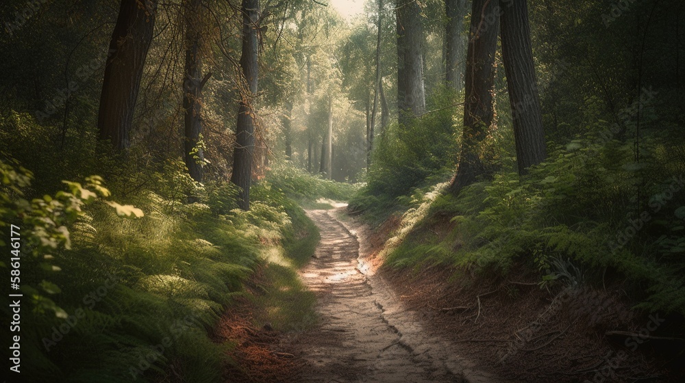Obraz premium Foggy path through the forest ,Sunset in a dark forest with rays of light passing through the trees.Generative Ai