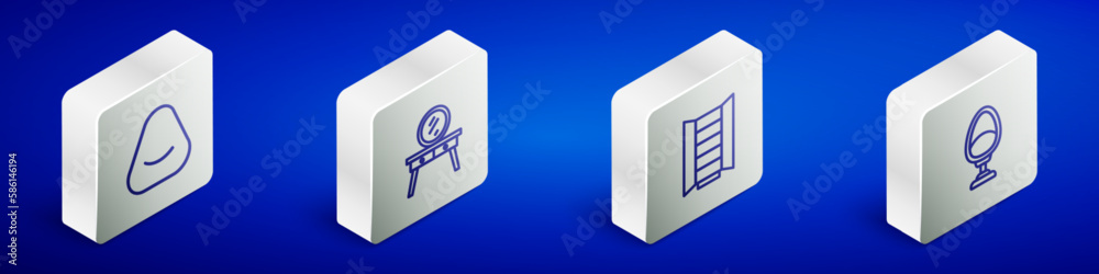 Set Isometric line Pouf, Dressing table, Wardrobe and Armchair icon. Vector Set Isometric line Pouf, Dressing table, Wardrobe and Armchair icon. Vector