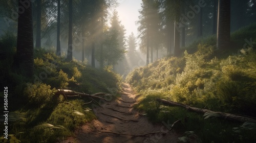 Foggy path through the forest ,Sunset in a dark forest with rays of light passing through the trees.Generative Ai