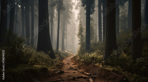 Foggy path through the forest  Sunset in a dark forest with rays of light passing through the trees.Generative Ai