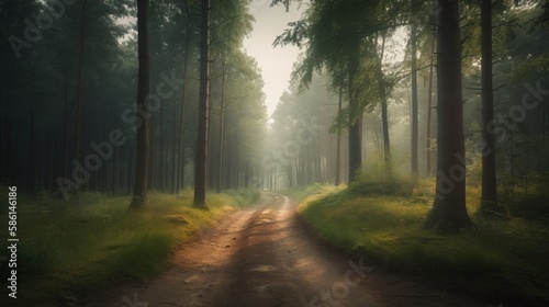 Foggy path through the forest ,Sunset in a dark forest with rays of light passing through the trees.Generative Ai © Rudsaphon