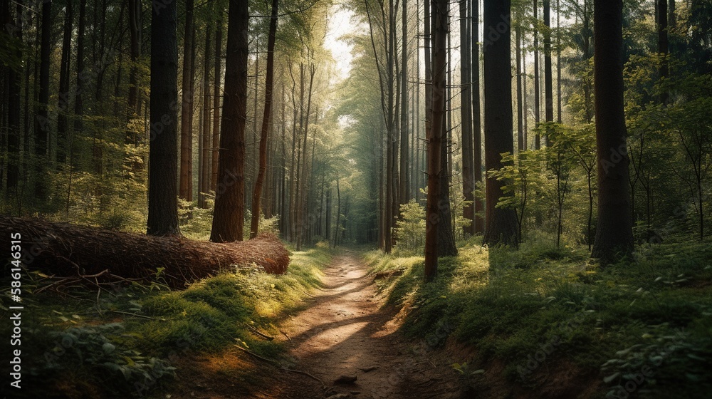 Obraz premium Foggy path through the forest ,Sunset in a dark forest with rays of light passing through the trees.Generative Ai