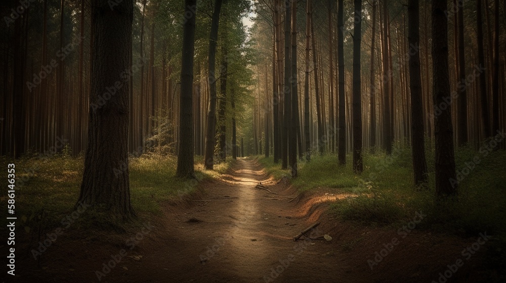 Fototapeta premium Foggy path through the forest ,Sunset in a dark forest with rays of light passing through the trees.Generative Ai