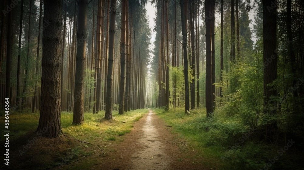 Fototapeta premium Foggy path through the forest ,Sunset in a dark forest with rays of light passing through the trees.Generative Ai