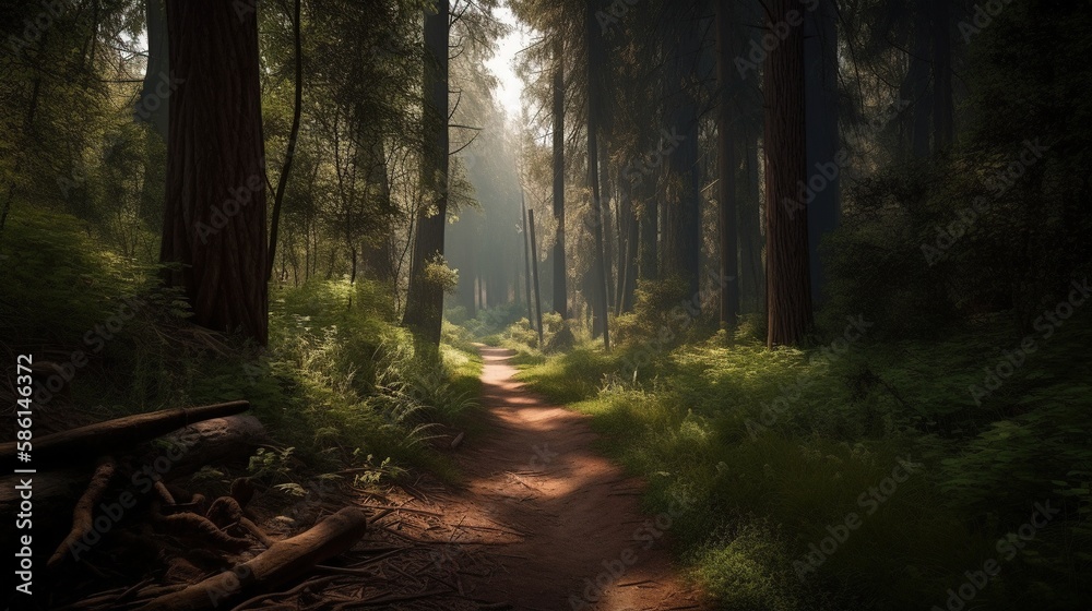 Foggy path through the forest ,Sunset in a dark forest with rays of light passing through the trees.Generative Ai