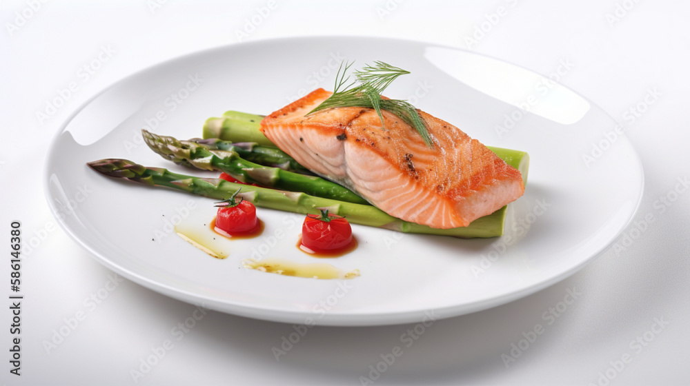 rready dish of salmon with asparagus and cherry tomatoes on a plate, generative ai rready dish of salmon with asparagus and cherry tomatoes on a plate, generative ai