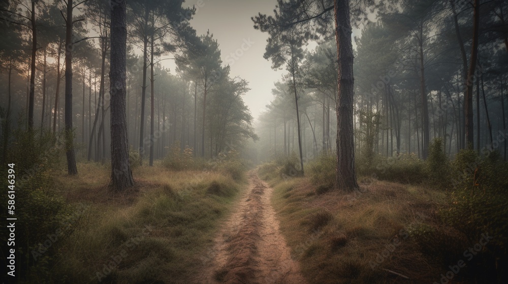 Fototapeta premium Foggy path through the forest ,Sunset in a dark forest with rays of light passing through the trees.Generative Ai