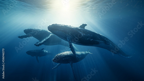 a family of whales in the depths of the ocean in the rays of the sun, generative ai