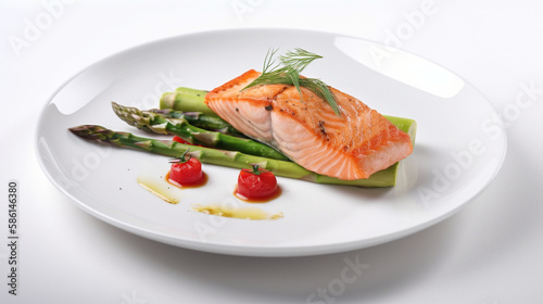 rready dish of salmon with asparagus and cherry tomatoes on a plate, generative ai