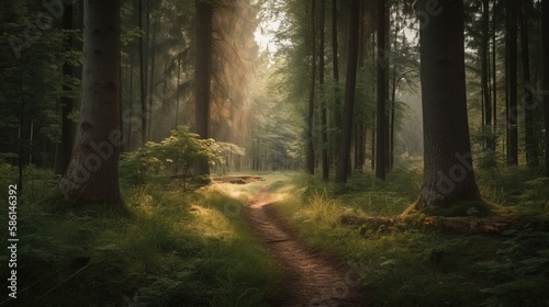 Foggy path through the forest ,Sunset in a dark forest with rays of light passing through the trees.Generative Ai