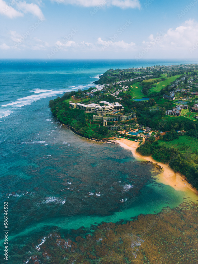 Aerial view of Princeville Hanalei Bay Coastline Kauai island Hawaii