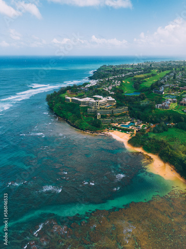 Aerial view of Princeville Hanalei Bay Coastline Kauai island Hawaii © espiegle