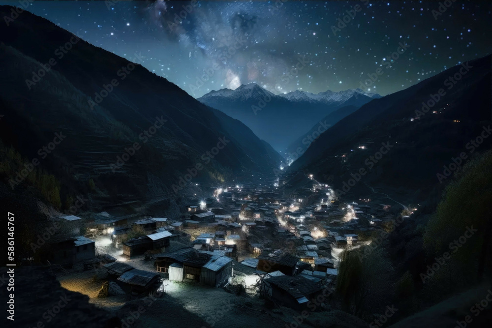 A desktop wallpaper of a starry night sky with a small mountain village ...