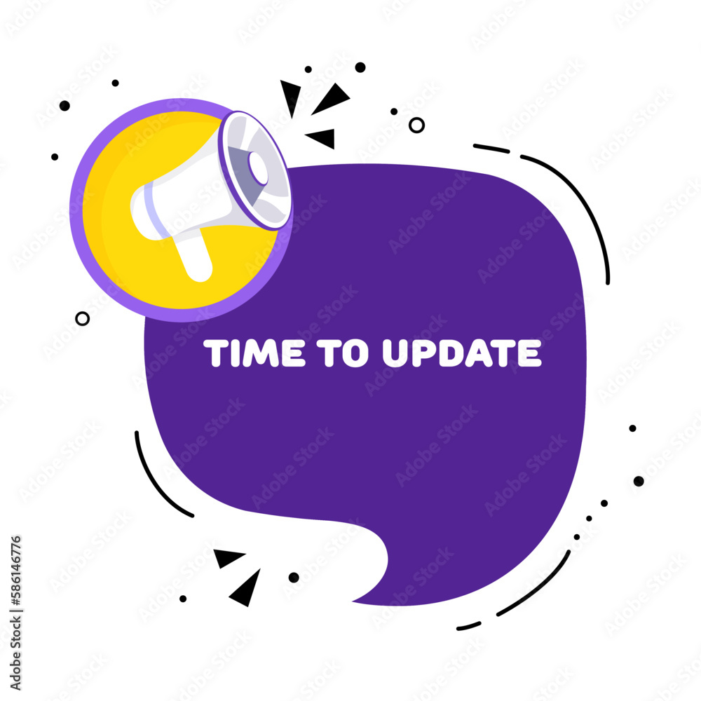 Time to update. Flat, purple, speech bubble time to update. Vector illustration. Time to update. Flat, purple, speech bubble time to update. Vector illustration.