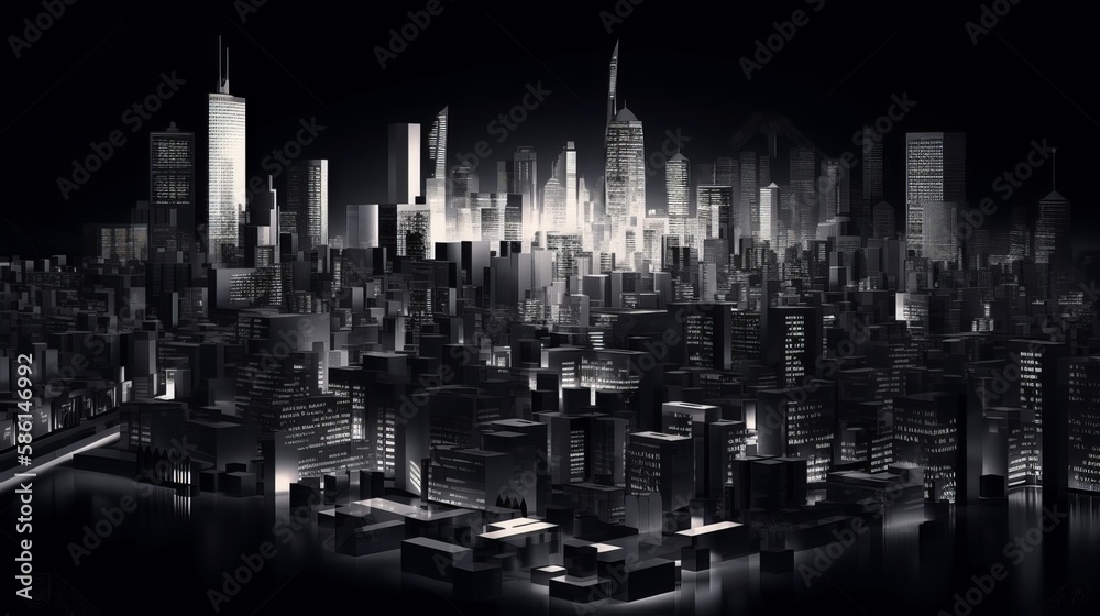 Fototapeta premium 3d City In The Night, Black Background - Generative AI