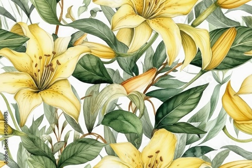 Illustration of yellow flowers and green leaves in a watercolor painting created with Generative AI technology